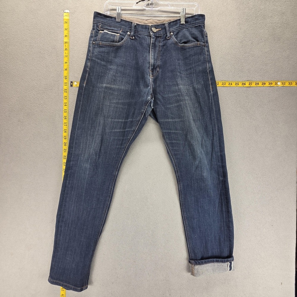 Selvedge Jeans Mens Blue SPAO Medium Wash‎ Zip Fly Whiskers Tapered Fits 32x30
